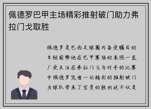 佩德罗巴甲主场精彩推射破门助力弗拉门戈取胜 佩德罗巴甲主场精彩推射破门助力弗拉门戈取胜